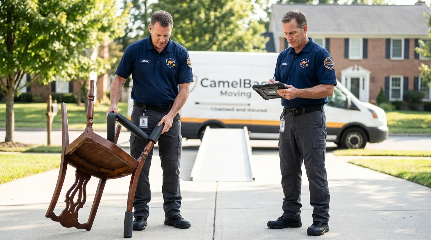 Movers inspecting furniture for damage prevention before loading in Pacific, MO