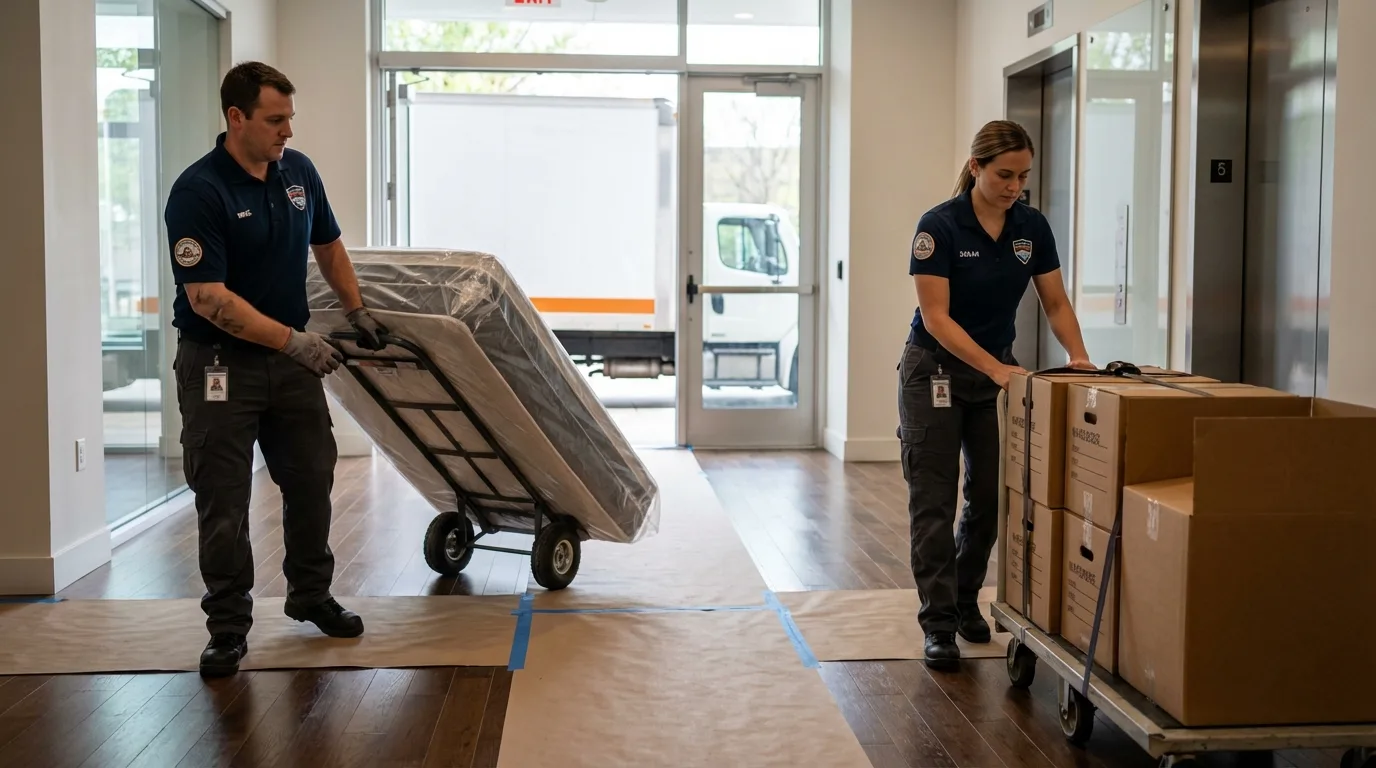 Professional apartment movers loading elevator in Pacific, MO