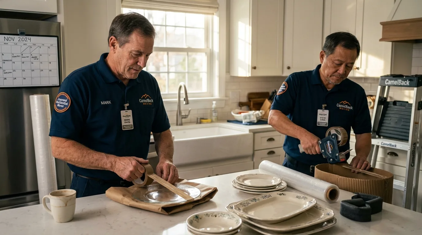 Professional crew packing kitchen dishware in Pacific, MO